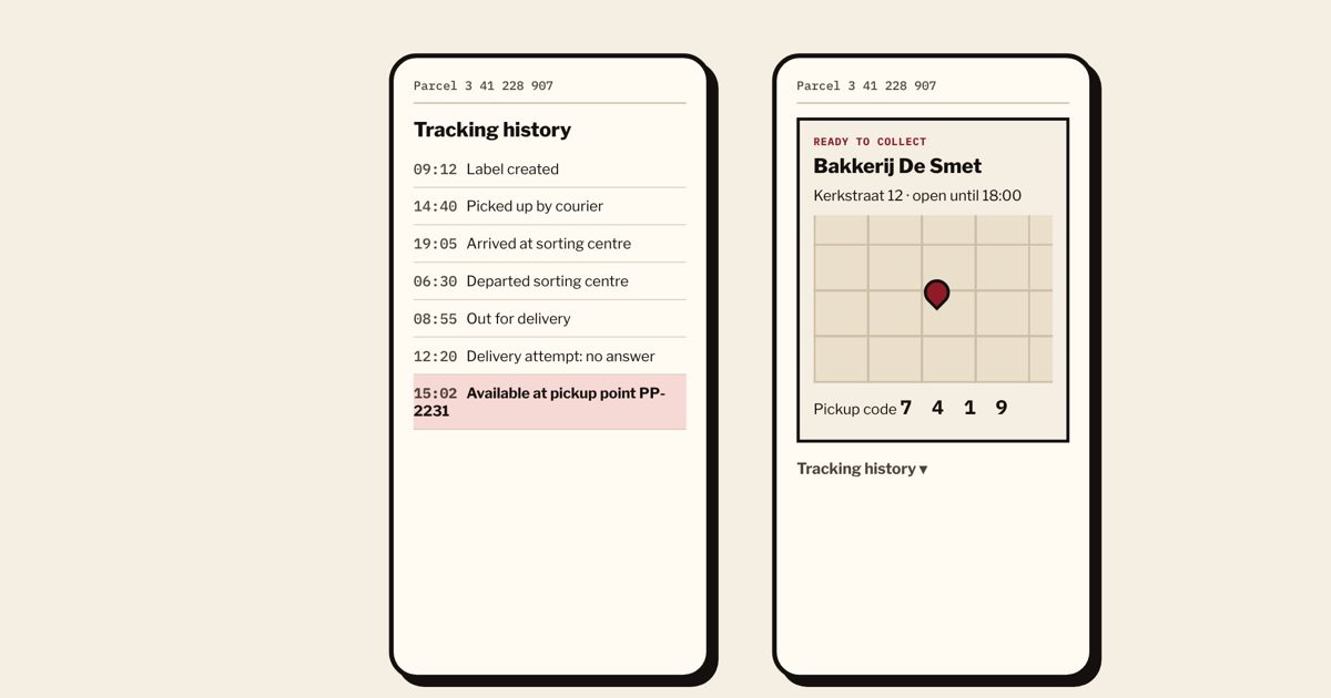 Two phone screens side by side: the old parcel status page and the new pickup point card.