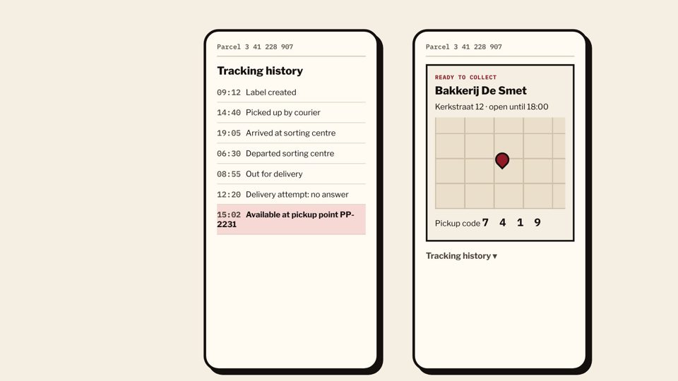 Two phone screens side by side: the old parcel status page and the new pickup point card.
